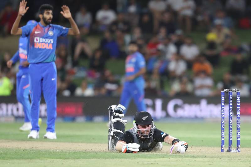 New Zealand’s Tim Seifert dives to make a run during the fifth T20 between New Zealand and India at the Bay Oval in Mount Maunganui