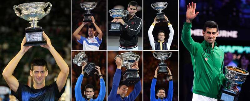 This combination of file photos shows Serbia\'s Novak Djokovic holding the Norman Brookes Trophy after his eight victories -- 2008 (L), (top 2nd L to 2nd R) 2011, 2012, 2013 and (bottom 2nd L to 2nd R) 2015, 2016, 2