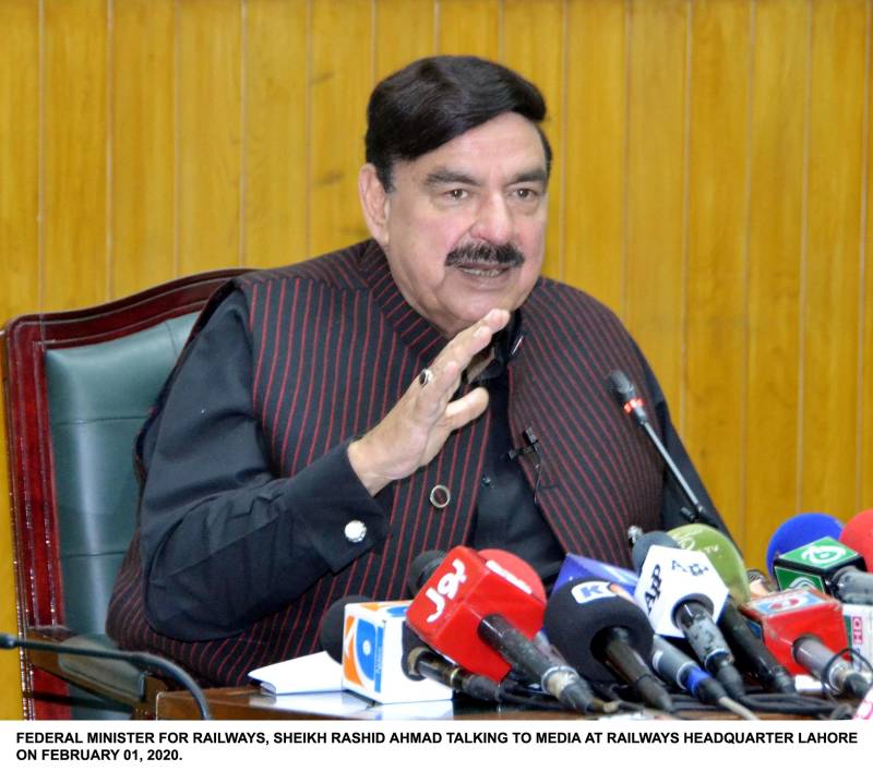 Minister for Railways Sheikh Rashid talks to media