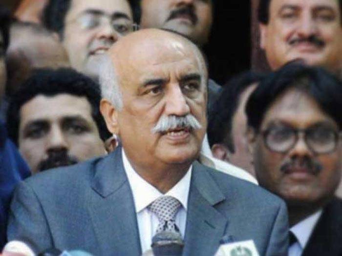 PPP leader Khursheed Shah talks to media