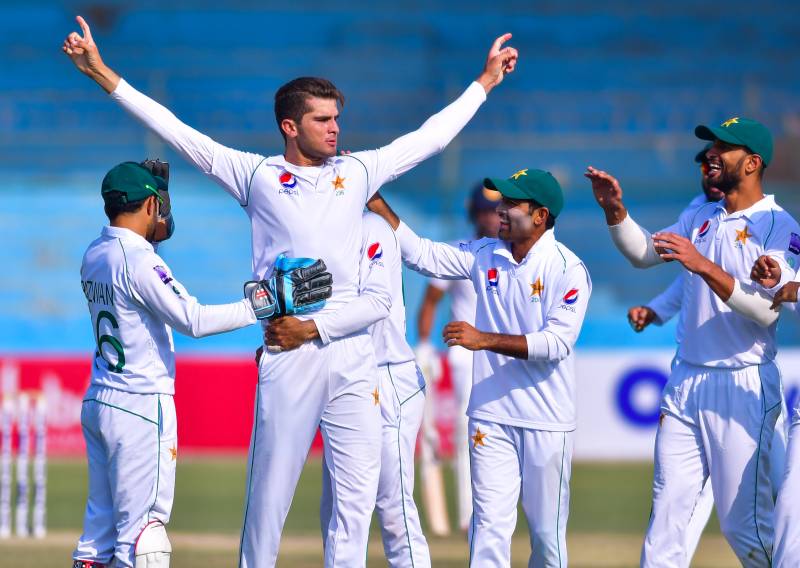 Shaheen Afridi celebrates after taking a wicket