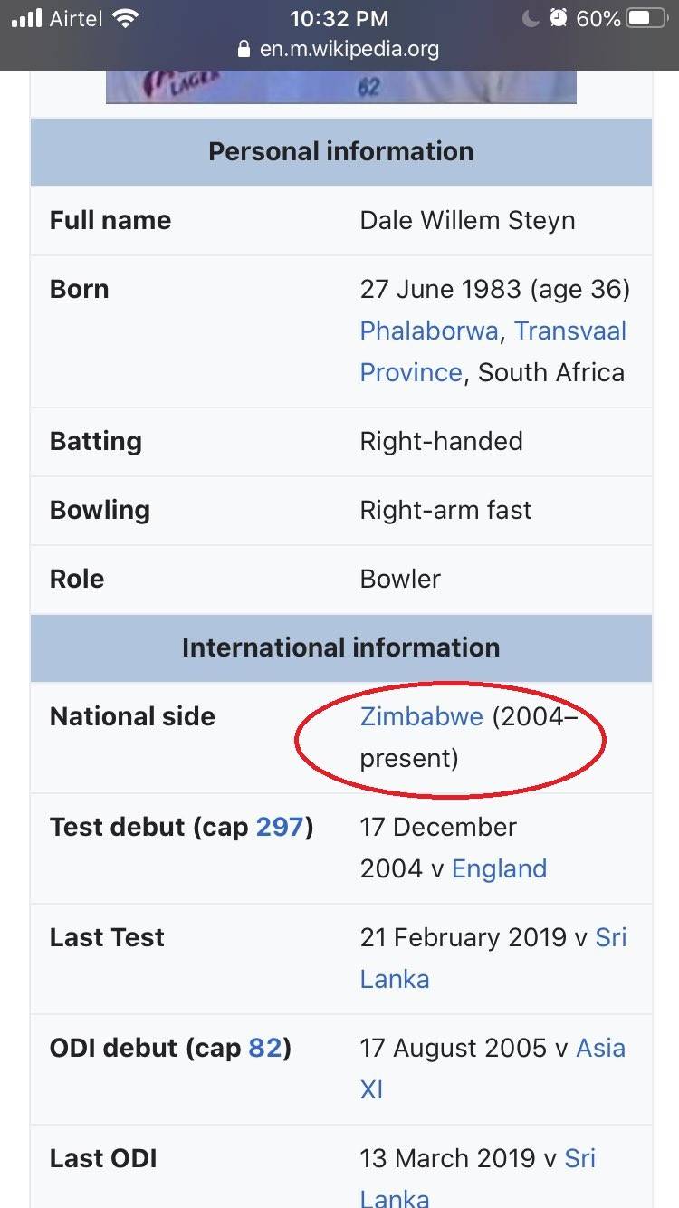 Wikipedia makes Dale Steyn Zimbabwe player