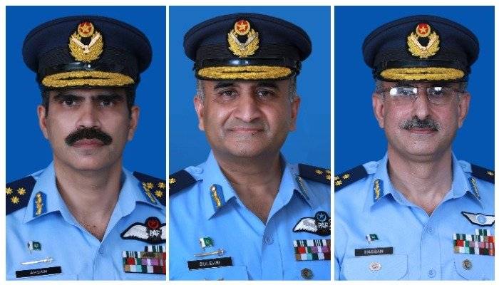 Air Marshal Chaudhry Ahsam Rafiq (L), Air Marshal Waqas Ahmed Sulehri (C) and Air Marshal Ahmad Hassan (R)