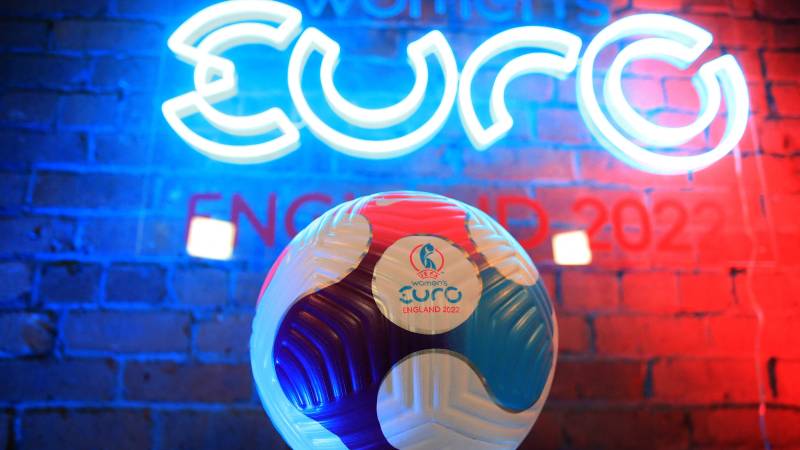 A EURO England 2022 football is displayed ahead of the UEFA Women\'s EURO 2022 final tournament draw at O2 Victoria Warehouse in Manchester 