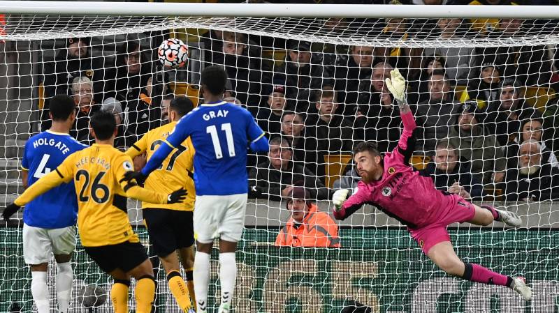 Wolverhampton Wanderers' Portuguese goalkeeper Jose Sa makes a save during the English Premier League match between Wolverhampton Wanderers and Everton at the Molineux Stadium. AFP