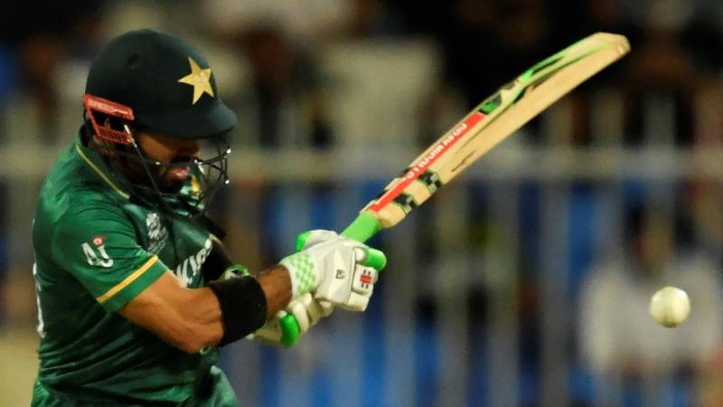 Pakistan's Mohammad Rizwan plays a shot during the ICC men’s Twenty20 World Cup match between Pakistan and Scotland at the Sharjah Cricket Stadium in Sharjah. AFP