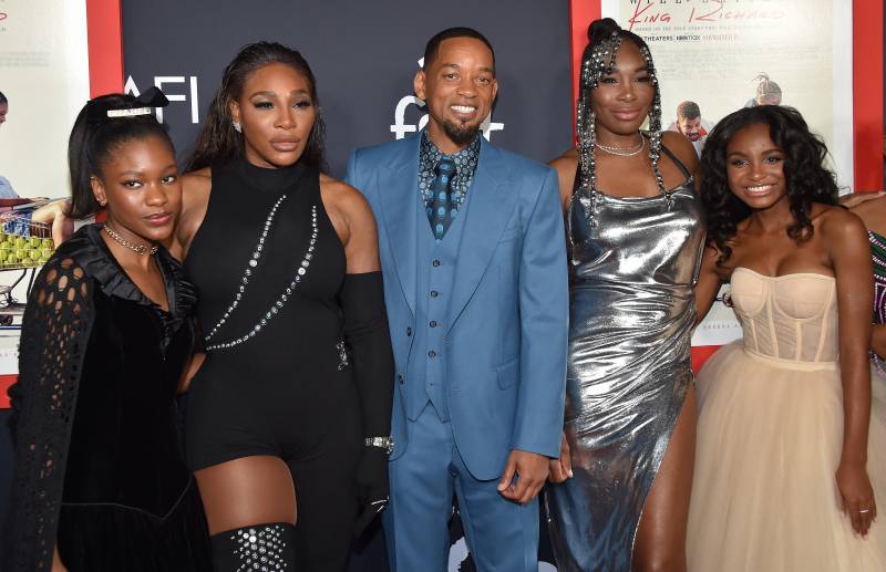 (From L) Actress Demi Singleton, US tennis player Serena Williams, US actor Will Smith, US tennis player Venus Williams and Actress Saniyya Sidney attend the AFI Fest premiere of 