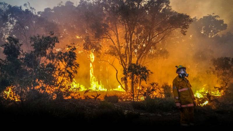 This handout photo taken on December 8, 2021 and obtained on December 10 from the Western Australian Department of Fire and Emergency Services shows a firefighter at work near Margaret River. AFP