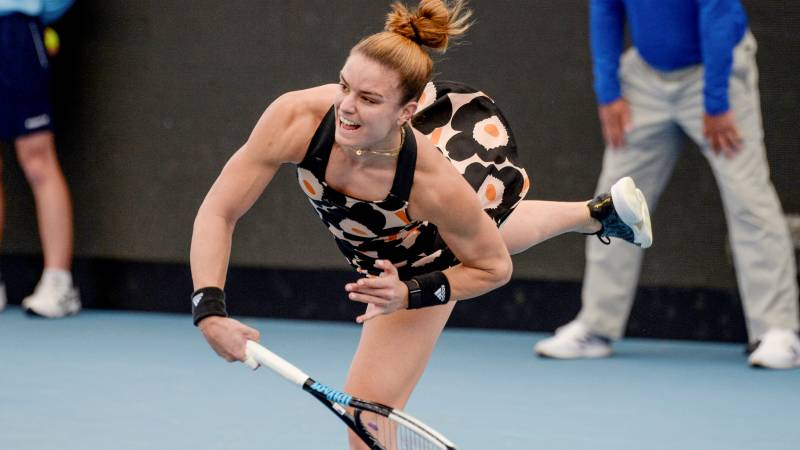 Greece's Maria Sakkari serves against Slovenia's Tamara Zidansek during the first round of 2022 WTA women's singles tennis match of the Adelaide International. AFP