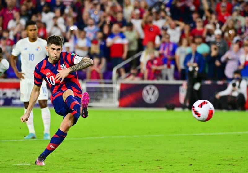 Christian Pulisic of the United States shoots a goal on a penalty kick in the first half against Panama at Exploria Stadium in Orlando, Florida. AFP