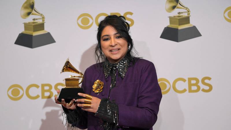 Arooj Aftab poses in the winners photo room during the 64th Annual GRAMMY Awards at MGM Grand Garden Arena in Las Vegas, Nevada. AFP