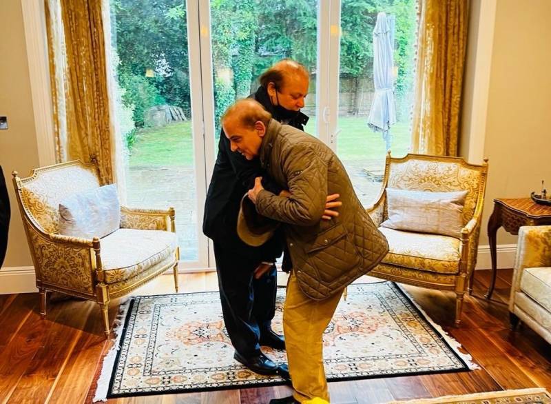 PM Shehbaz hugs Nawaz Sharif in London