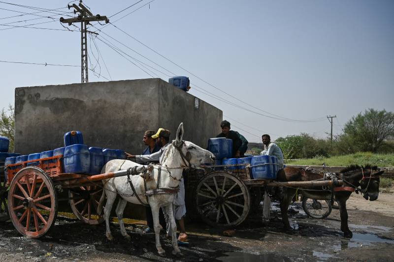 Vendors fill cans with drinking water on their donkey carts from a water supply plant for selling during heatwave in Jacobabad, Sindh. AFP