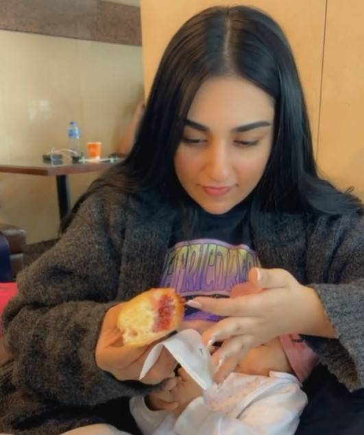 Eating doughnut from mom Sarah Khan’s hand is special for baby Alyana