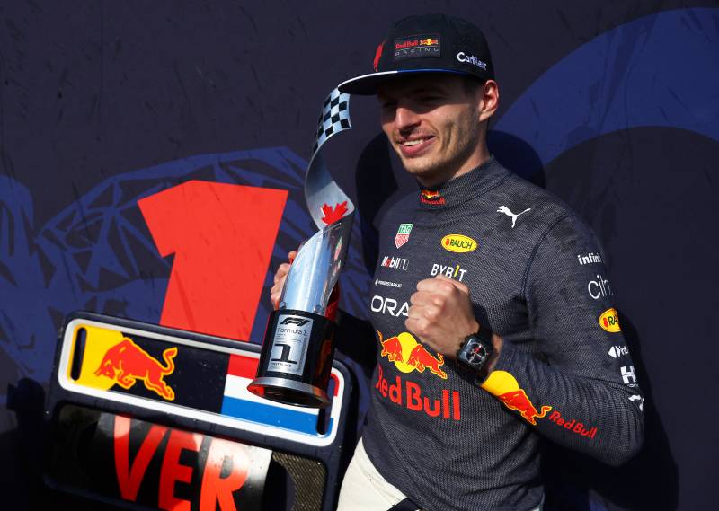 Race winner Max Verstappen of the Netherlands and Oracle Red Bull Racing celebrates with his trophy 