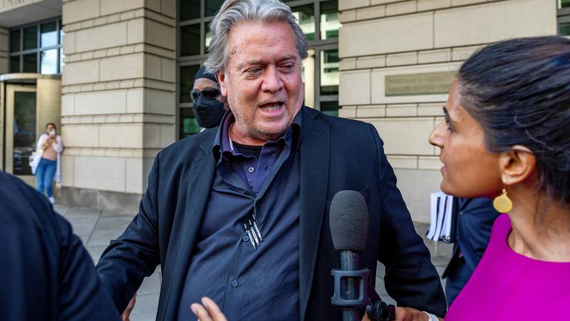 Former White House Chief Strategist Steve Bannon speaks to the media after his trial for contempt of Congress began at the U.S. District Courthouse in Washington, DC. AFP