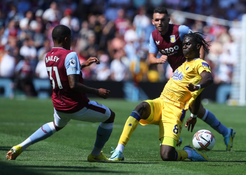 Everton's Senegalese-born Belgian midfielder Amadou Onana (R) challenges Aston Villa's Jamaican striker Leon Bailey during the English Premier League football match between Aston Villa and Everton at Villa Park in Birmingham. AFP