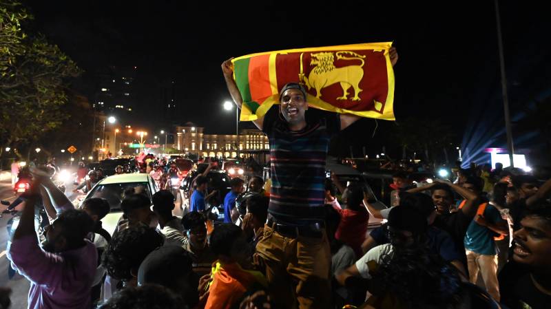 A Sri Lankan cricket fan celebrates Sri Lanka's victory by holding the nation's flag in Colombo. AFP