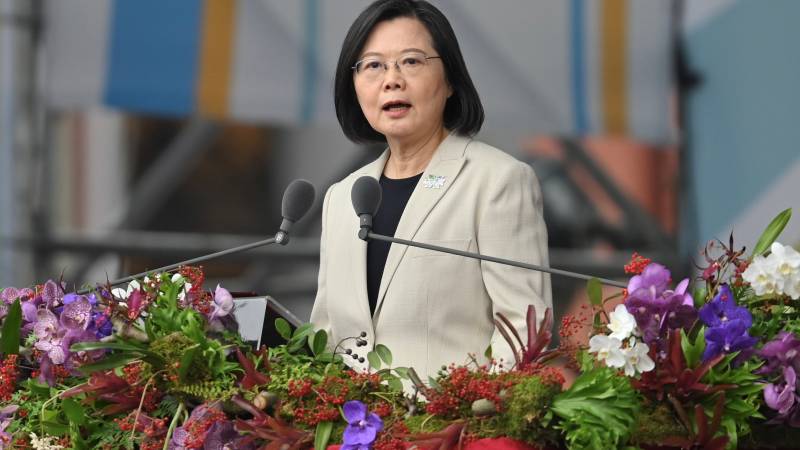 Taiwan's President Tsai Ing-wen speaks at a ceremony to mark the island's National Day in front of the Presidential Office in Taipei. AFP