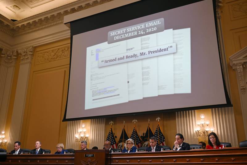 Documents are presented during a US House Select Committee hearing to investigate the January 6 Attack on the US Capitol, on Capitol Hill in Washington, DC. AFP