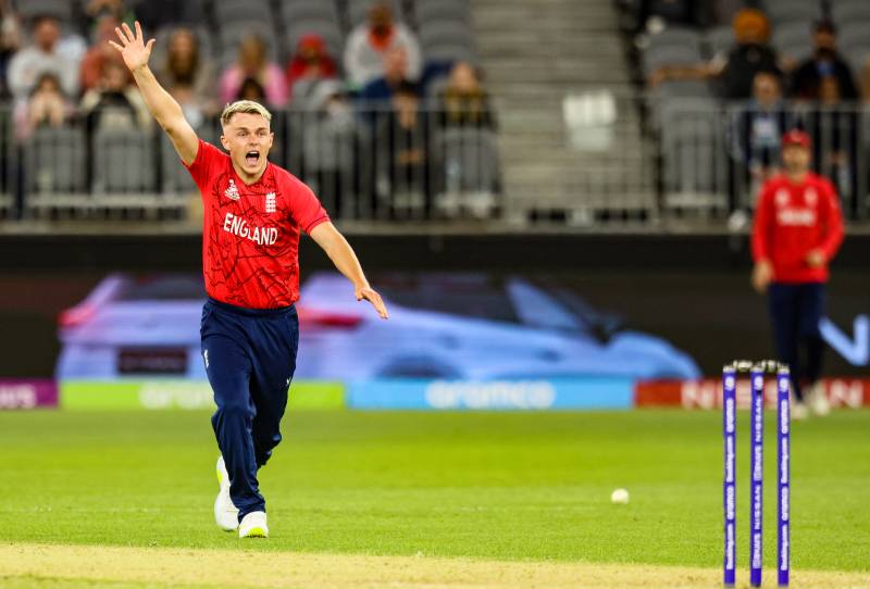 Sam Curran of England shouts for an appeal during the ICC men’s Twenty20 World Cup 2022 match between England and Afghanistan at Perth Stadium. AFP