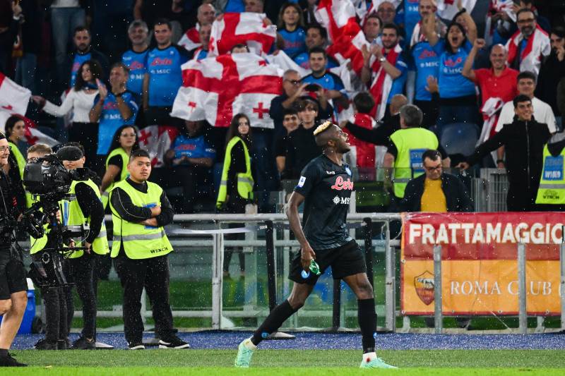 Napoli's Nigerian forward Victor Osimhen celebrates at the end of the Italian Serie A football match between AS Rome and Napoli. AFP