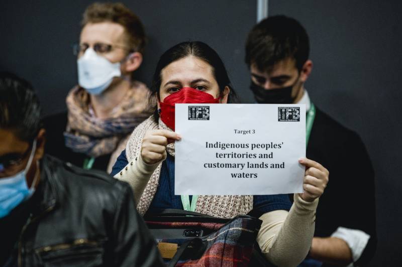 Protestors with the International Indigenous Forum on Biodiversity (IIFB) enter the room as negotiators meet to discuss Target 3 (30x30 target) at the United Nations Biodiversity Conference (COP15) in Montreal, Quebec, Canada on December 10, 2022.- AFP 