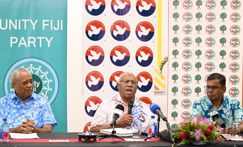 (L-R) Unity Fiji leader Savenaca Narube, People's Alliance leader Sitiveni Rabuka and National Federation Party leader Biman Prasad attend a joint press conference in Suva on December 17, 2022. AFP