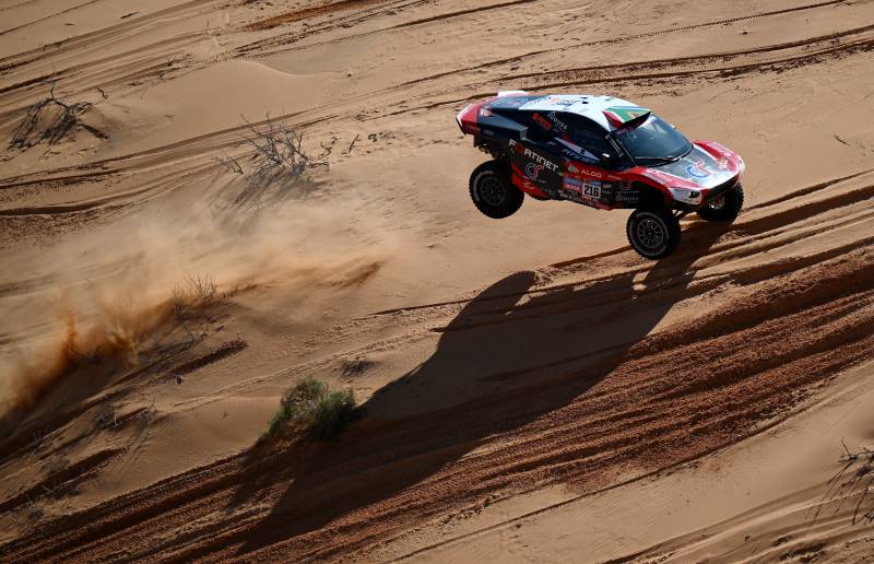 South Africa's driver Brian Baragwanath and co-diver Leonard Cremer compete during the Stage 5 of the Dakar 2023 around Ha'il, Saudi Arabia. AFP