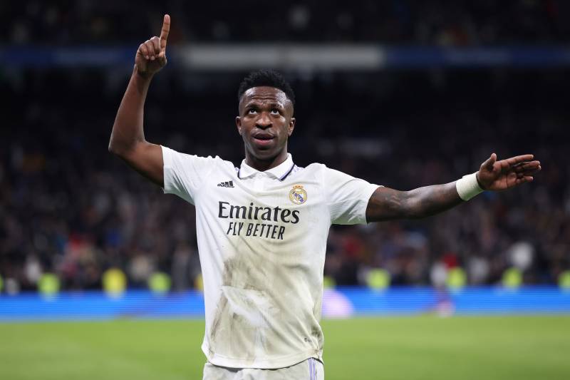 Real Madrid's Brazilian forward Vinicius Junior celebrates after scoring his team's third goal during the Copa del Rey (King's Cup), quarter final football match between Real Madrid CF and Club Atletico de Madrid at the Santiago Bernabeu stadium in Madrid. AFP