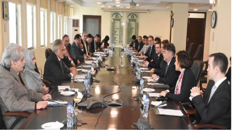 The IMF review mission led by its chief Nathan Porter holding a meeting with Finance Minister Ishaq Dar in Islamabad on Tuesday