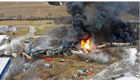 A cargo train derailed in the midwestern United States, sparking a massive fire and triggering the release of small amounts of vinyl chloride. 