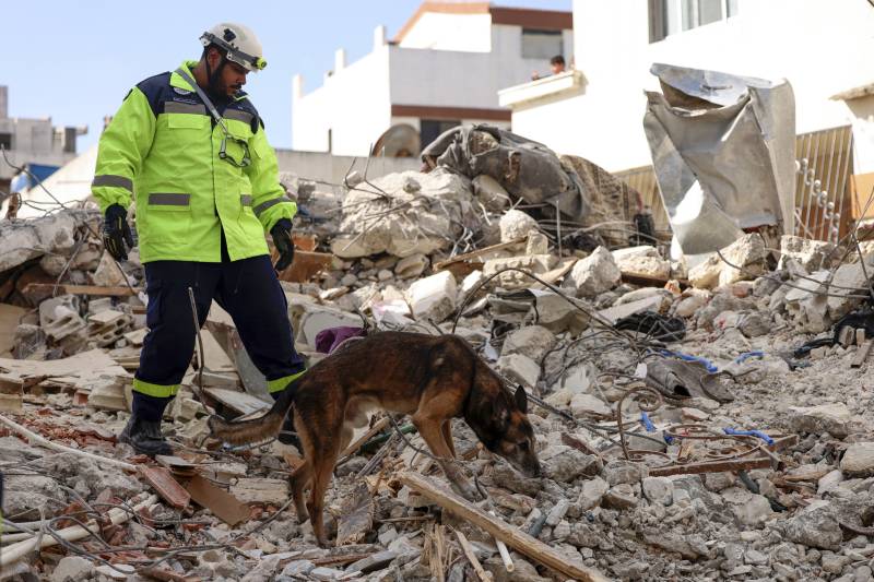 An Emirati rescuer, with the help of a dog, searches for victims amidst the rubble of a collapsed building in the regime-controlled town of Jableh in the province of Latakia, northwest of the Syrian capital, on February 10, 2023, in the aftermath of a deadly earthquake. AFP 