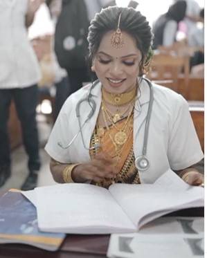 viral Instagram video captures a beautiful young bride attending her physiotherapy practical exam in her wedding attire, 