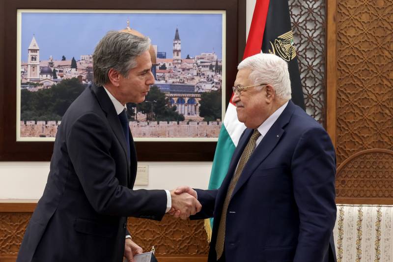 In this file photo taken on January 31, 2023 Palestinian president Mahmud Abbas (R) and US Secretary of State Antony Blinken shake hands following their meeting in Ramallah in the occupied West Bank. AFP 