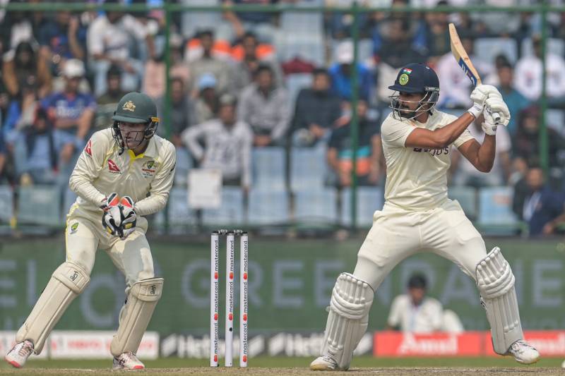 India's Shreya Iyer (R) plays a shot during the third day of the second Test cricket match between India and Australia at the Arun Jaitley Stadium in New Delhi on Sunday. AFP