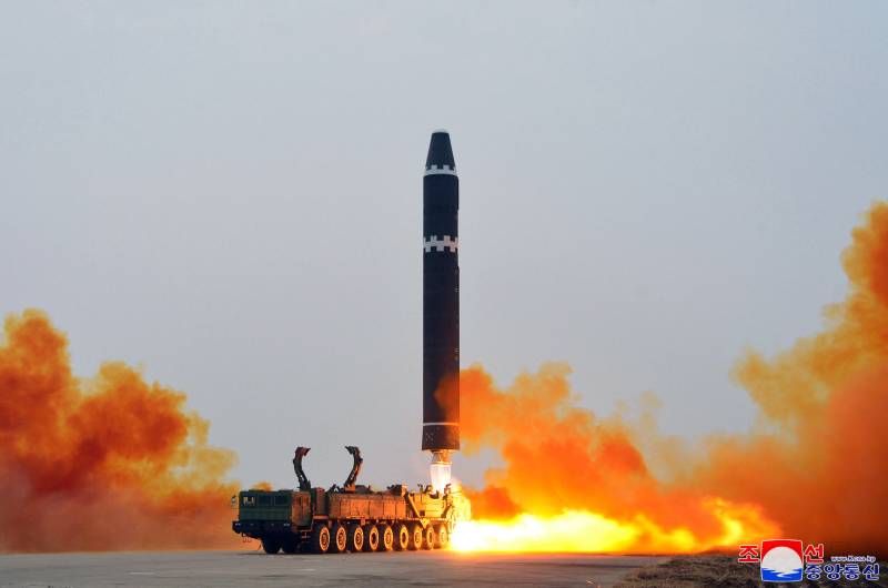 This picture taken on February 18, 2023 and released from North Korea's official Korean Central News Agency (KCNA) on February 19, 2023 shows test-firing of the intercontinental ballistic missile (ICBM) 