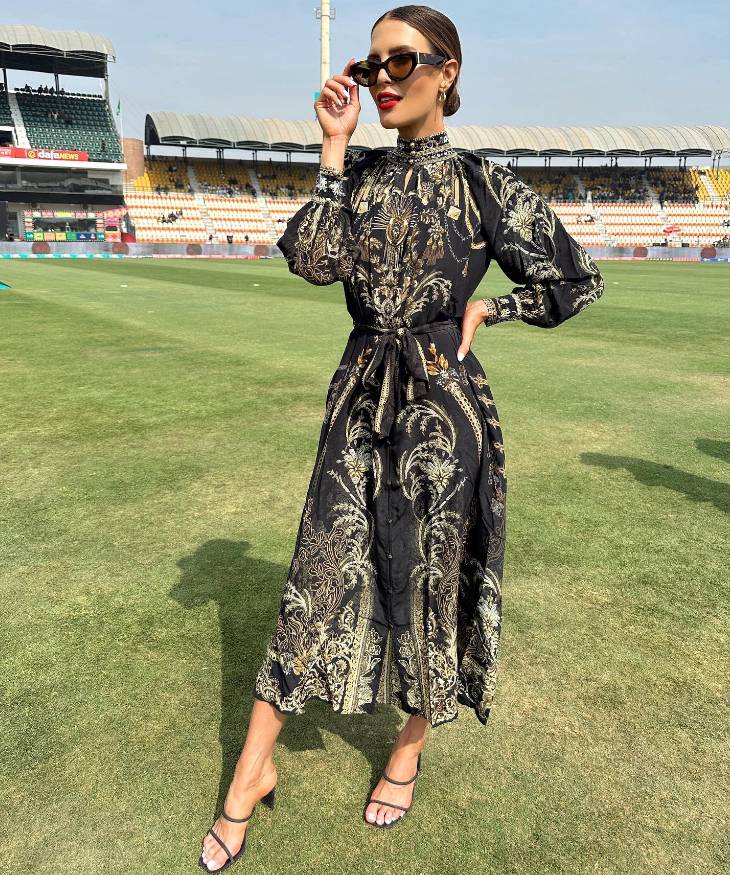 PSL presenter Erin Holland radiates glamour in black frock