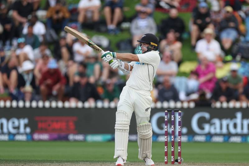 New Zealand's Tom Latham plays a shot during day three of the second cricket Test match between New Zealand and England at the Basin Reserve in Wellington on Sunday. AFP