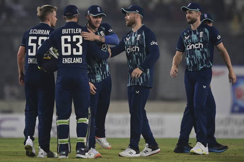 England's players celebrate after winning the second ODI against Bangladesh at the Sher-e-Bangla National Cricket Stadium in Dhaka. AFP