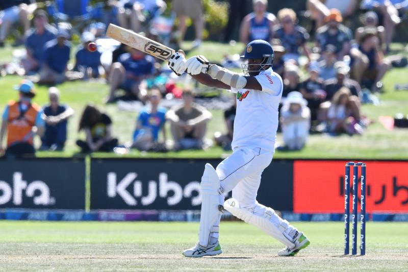 Sri Lanka's Angelo Mathews plays a shot during the fourth day of the first Test cricket match between New Zealand and Sri Lanka at Hagley Oval in Christchurch on March 12, 2023. AFP 