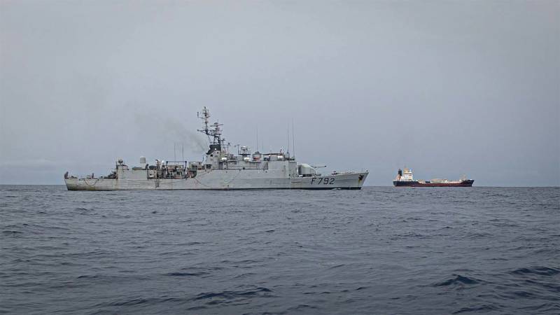 This undated and unlocated handout picture released on the Twitter account of the Maritime Prefecture of the Atlantic shows the Liberian-flagged oil tanker, Monjasa Reformer (R), owned by Monjasa, and technically managed by Montec Ship Management, being escorted by French aviso Premier-Maître L'Her F792 during a rescue operation following the hijacking of the tanker on March 28, 2023. AFP