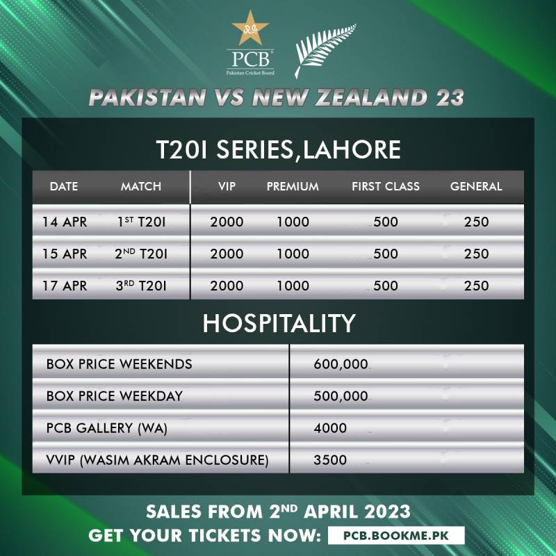 Tickets for Pak v NZ T20Is available from Sunday