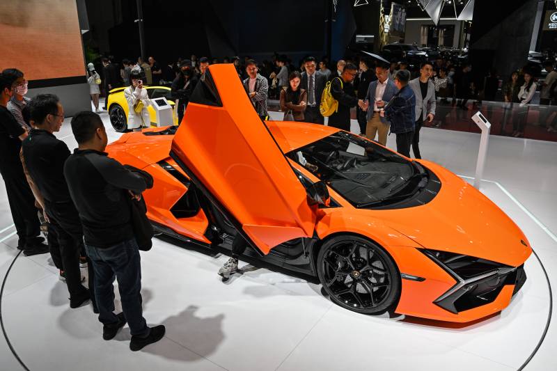 A Lamborghini Revuelto is displayed during the 20th Shanghai International Automobile Industry Exhibition in Shanghai on April 20, 2023. AFP 