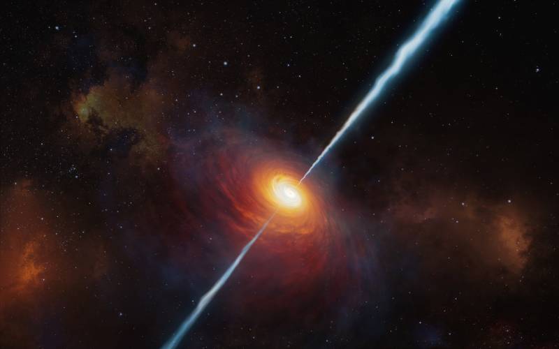 (FILES) This handout photo made available by the European Southern Observatory on March 5, 2021 shows an artist's impression of how the distant quasar P172+18 and its radio jets may have looked. AFP