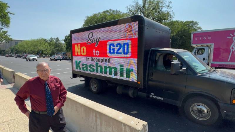 Digital advertising truck in Washington flash messages: Say no to G20 in Kashmir