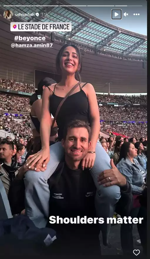 Ushna sits on husband’s shoulder to enjoy Beyonce’s concert