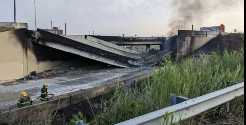 Major US highway collapses after tanker truck fire