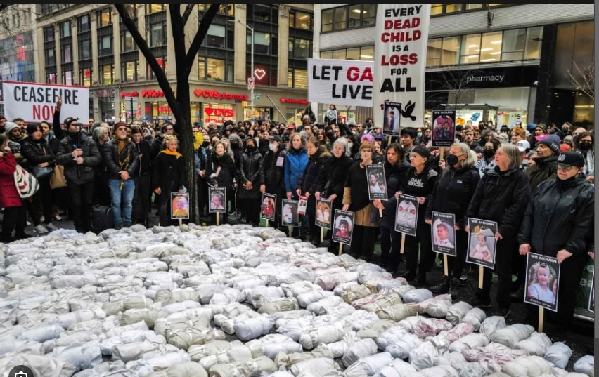 NYC protesters for Gaza ceasefire hold mock funeral