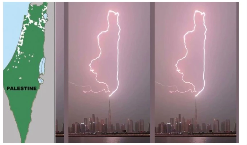 Lightning strike at Burj Khalifa resembles Palestine map